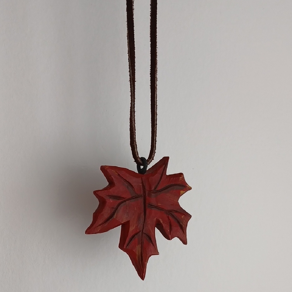 Carved Wood Red Maple Leaf Necklace On Leather Cord